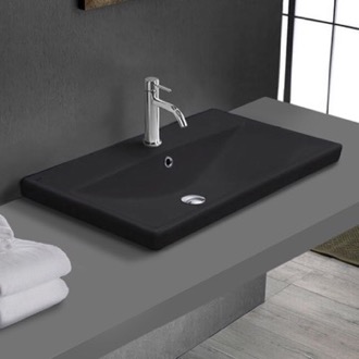 Bathroom Sink Drop In Bathroom Sink, Black Ceramic, Rectangular CeraStyle 032007-U/D